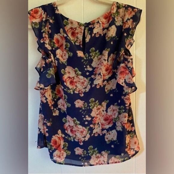 Blouse Women’s Small Navy Blue Floral Ruffle Sleeveless Cottagecore - Picture 2 of 7
